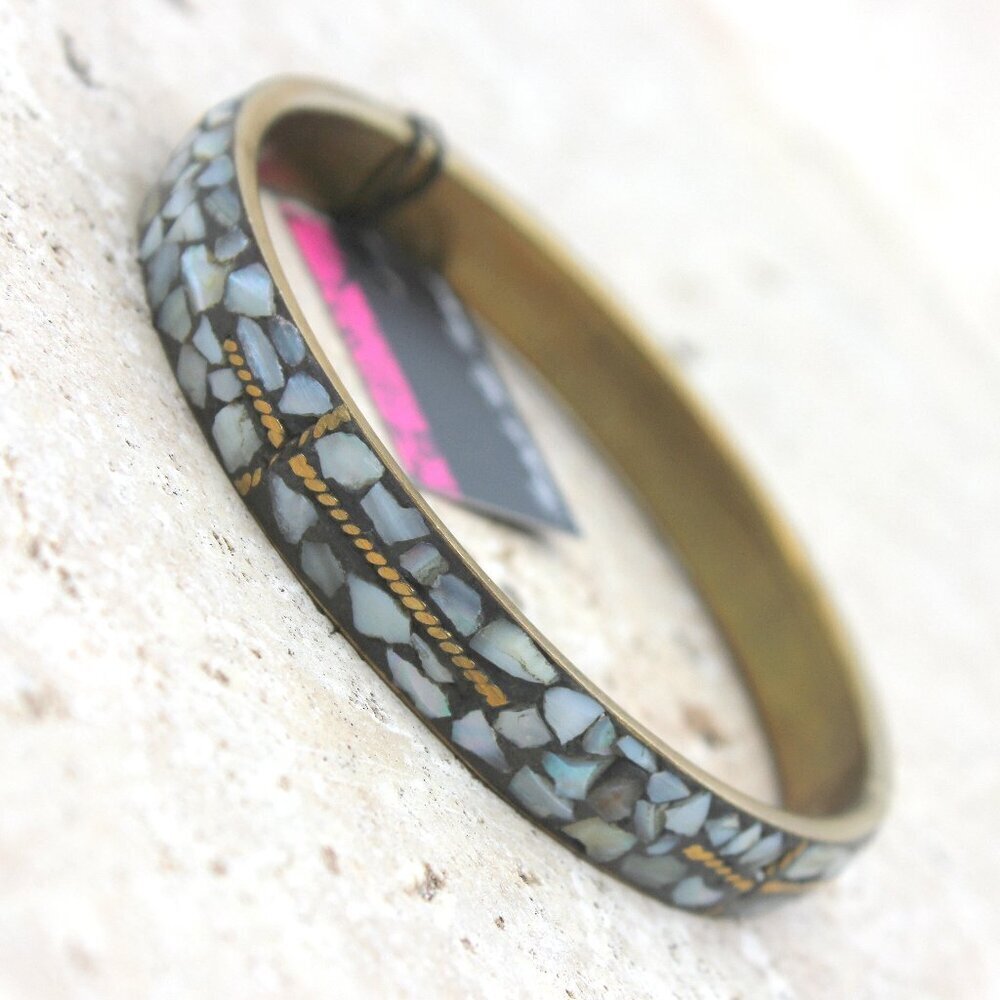 Mosaic Faux Grey Stone Rustic Antique Gold Cross Christian Bangle Bracelet - Picture 4 of 6